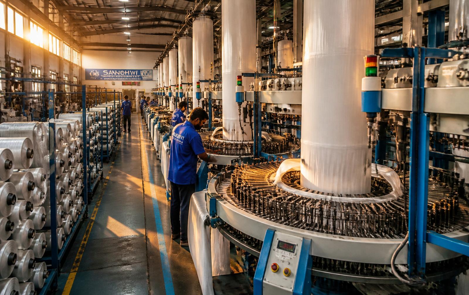 Circular weaving looms producing PP woven fabric at our Delhi plant
